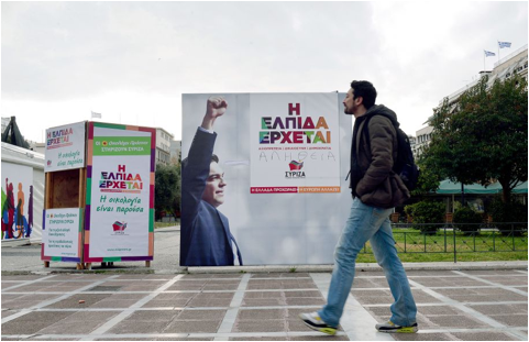 Description :  Ath�nes, un homme passe devant une affiche appelant ˆ voter pour le parti Syriza dÕAlexis Tsipras, une formation anti-austŽritŽ en avance dans les sondages.